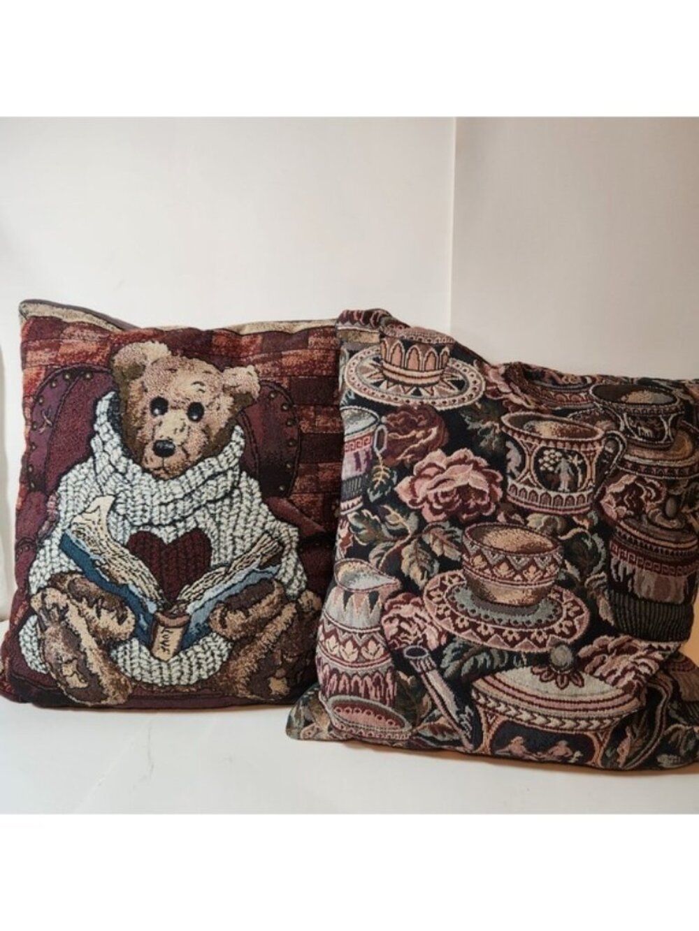 Boyds Bears & Friends Vintage Tapestry Throw Pillows Set‎ of 2 Bear & Teacups